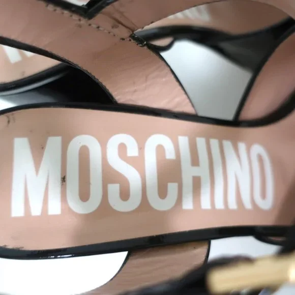MOSCHINO PLATFORM FLARE-HEEL SANDALS BLACK PATENT LEATHER SIZE 38.5 - Picture 9 of 11